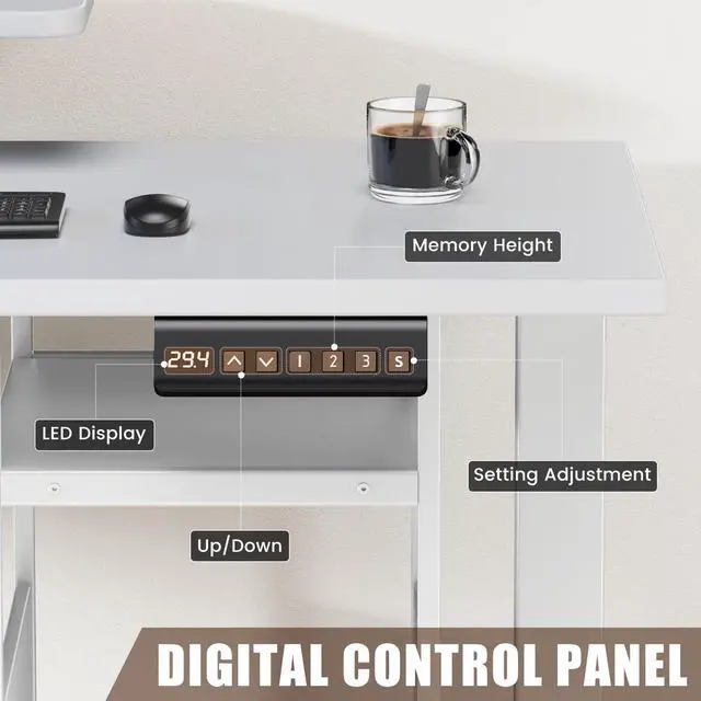 Alt view image 6 of 7 - L Shaped Standing Desk Adjustable Height, 67" x 47" Corner Computer Desk with Host Shelf, Gaming Desk with LED Lights & Power Outlet, Dual Motor Home Office Desk with Storage, White