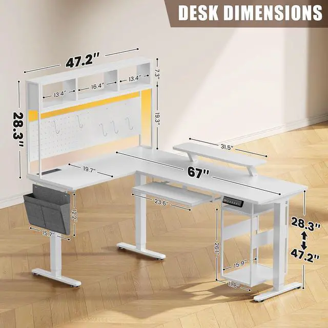 Alt view image 2 of 7 - L Shaped Standing Desk Adjustable Height, 67" x 47" Corner Computer Desk with Host Shelf, Gaming Desk with LED Lights & Power Outlet, Dual Motor Home Office Desk with Storage, White