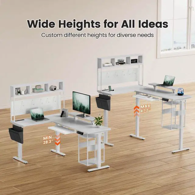 Alt view image 3 of 7 - L Shaped Standing Desk Adjustable Height, 67" x 47" Corner Computer Desk with Host Shelf, Gaming Desk with LED Lights & Power Outlet, Dual Motor Home Office Desk with Storage, White