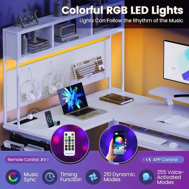 Alt view image 5 of 7 - L Shaped Standing Desk Adjustable Height, 67" x 47" Corner Computer Desk with Host Shelf, Gaming Desk with LED Lights & Power Outlet, Dual Motor Home Office Desk with Storage, White