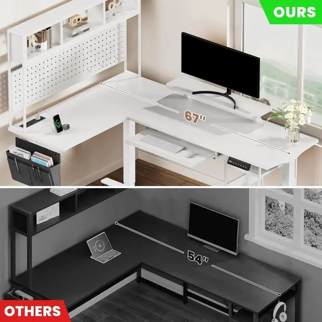 Alt view image 7 of 7 - L Shaped Standing Desk Adjustable Height, 67" x 47" Corner Computer Desk with Host Shelf, Gaming Desk with LED Lights & Power Outlet, Dual Motor Home Office Desk with Storage, White