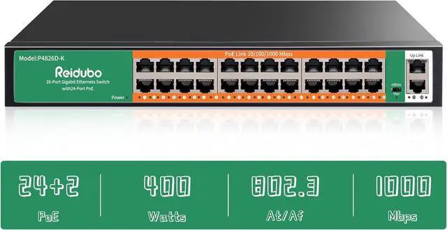 Main image of 24 Port Gigabit PoE Switch with 2 Uplink Gigabit Ethernet Ports, 400W, Unmanaged,19-inch Rackmount, VLAN, 802.3af/at, Fanless Silent Operation, Compatible with AP WiFi6, PoE Cameras