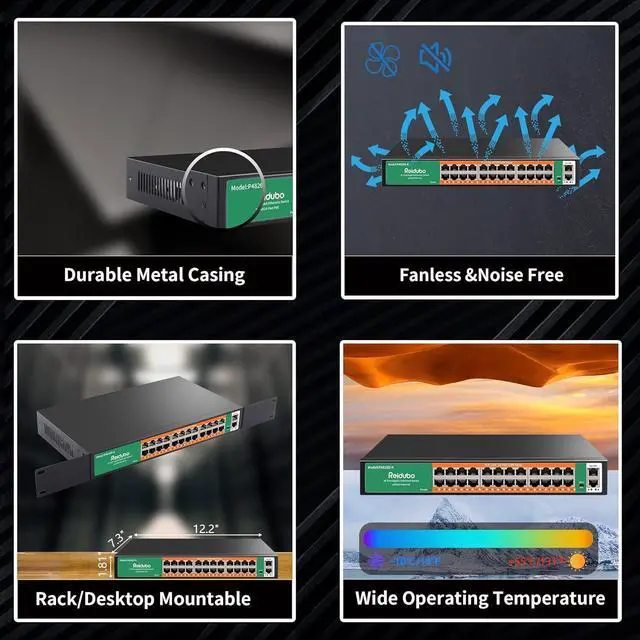 Alt view image 6 of 7 - 24 Port Gigabit PoE Switch with 2 Uplink Gigabit Ethernet Ports, 400W, Unmanaged,19-inch Rackmount, VLAN, 802.3af/at, Fanless Silent Operation, Compatible with AP WiFi6, PoE Cameras