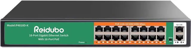 Main image of 18 Ports Gigabit PoE Switch,16 Port Gigabit PoE+ Network Switch with 2 Uplink Gigabit Ports, 250W, Unmanaged, 19-inch Rackmount, Fanless Quiet Operation, Compatible with AP WiFi6, PoE Cameras