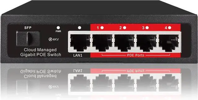 Main image of Poe Switch, 5 Port Gigabit PoE+ Switch, Cloud Managed Gigabit Ethernet Switch, 4 Poe Ports @52W, 1 Uplink Ports, 1 SFP Slot, APP Smart Managed, Overload Protection w/ Port