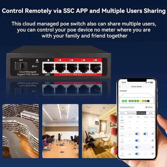 Alt view image 5 of 7 - Poe Switch, 5 Port Gigabit PoE+ Switch, Cloud Managed Gigabit Ethernet Switch, 4 Poe Ports @52W, 1 Uplink Ports, 1 SFP Slot, APP Smart Managed, Overload Protection w/ Port
