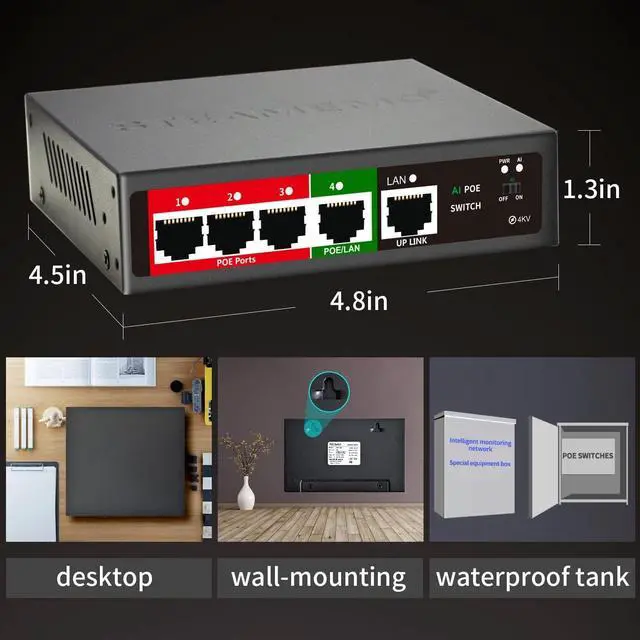 Alt view image 5 of 7 - 5 Port AI PoE Switch (4 POE Ports +1 Uplink), 802.3af/at PoE 100Mbps, 52W Built-in Power, Extend to 250Meter, Unmanaged Metal Plug and Play