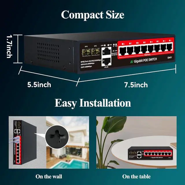 Alt view image 6 of 7 - 8-Port Gigabit PoE Switch | 2×Gigabit Uplinks + 2×1.25G SFP, AI VLAN Mode, 802.3af/at@120W, Unmanaged Metal Plug & Play (Desktop/Wall Mount)