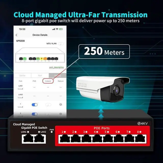 Alt view image 5 of 7 - 10-Port Gigabit Managed PoE Switch, 8 PoE+ Ports@120W, 2 Uplink Ports, VLAN, PoE Scheduler, Fanless, Plug and Play, Sturdy Metal, Desktop and Wall-Mount