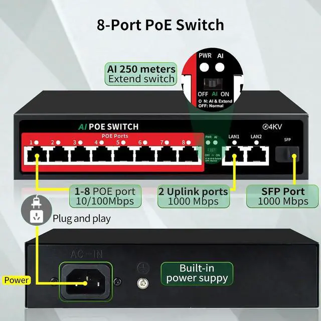Alt view image 2 of 7 - 8 Port PoE Switch | 11-Port Unmanaged Network Switch with 8×PoE+@120W, 2×Gigabit Uplinks, 1.25G SFP, 250m Extend, Fanless Metal (Desktop/Wall Mount)