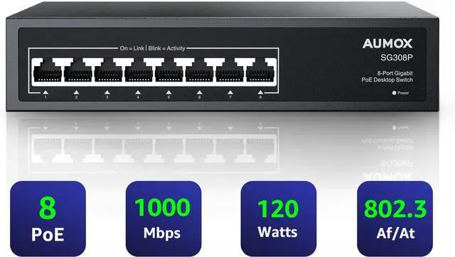 Main image of 8 Port Gigabit PoE Switch, 8 Port PoE 120W, Gigabit Ethernet Unmanaged Network Switch, Plug and Play, Sturdy Metal Housing, Traffic Optimization