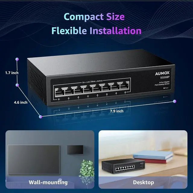 Alt view image 7 of 7 - 8 Port Gigabit PoE Switch, 8 Port PoE 120W, Gigabit Ethernet Unmanaged Network Switch, Plug and Play, Sturdy Metal Housing, Traffic Optimization