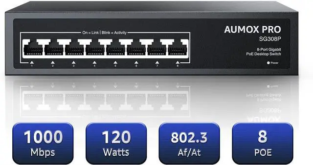 8 Port PoE Switch Gigabit 120W, Gigabit Unmanaged Ethernet Switch, Plug & Play, 802.3af/at Compliant, Metal Housing, 8-Port Network Switch for Home/Office Energy Efficient Silent Operation
