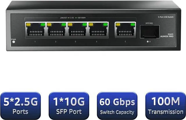 Alt view image 2 of 7 - 6 Port 2.5Gb Unmanaged Ethernet Switch with 5* 2.5G Base-T Ports, 1*10G SFP Ports, 60Gbps Switching Capacity Compatible with 100/1000/2500Mbps Plug and Play