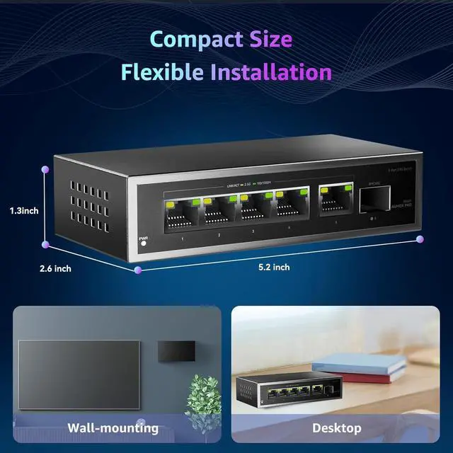 Alt view image 6 of 7 - 6 Port 2.5Gb Unmanaged Ethernet Switch with 5* 2.5G Base-T Ports, 1*10G SFP Ports, 60Gbps Switching Capacity Compatible with 100/1000/2500Mbps Plug and Play