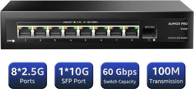 Alt view image 2 of 7 - 9 Port 2.5Gb Unmanaged Ethernet Switch with 8* 2.5G Base-T Ports, 1*10G SFP Ports, AUMOX PRO 60Gbps Switching Capacity Compatible with 100/1000/2500Mbps Plug and Play