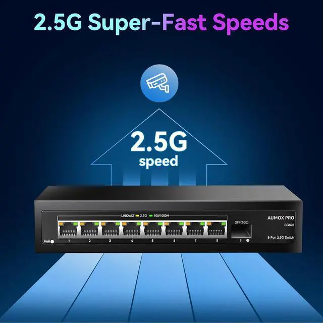 Alt view image 3 of 7 - 9 Port 2.5Gb Unmanaged Ethernet Switch with 8* 2.5G Base-T Ports, 1*10G SFP Ports, AUMOX PRO 60Gbps Switching Capacity Compatible with 100/1000/2500Mbps Plug and Play