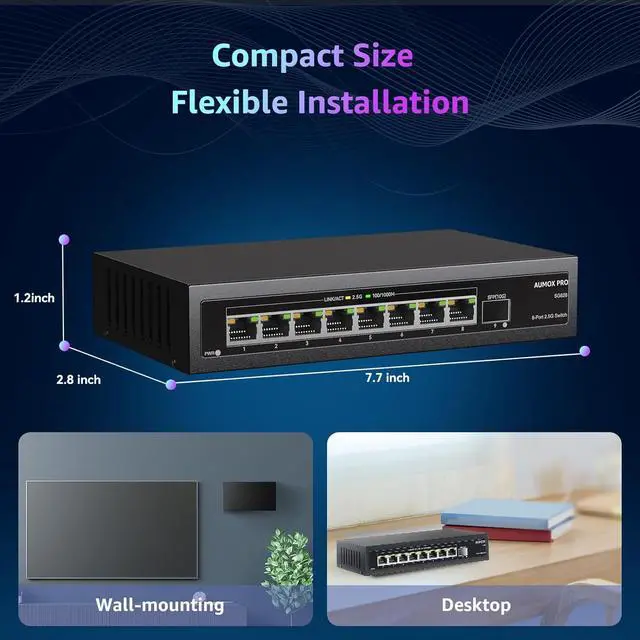 Alt view image 6 of 7 - 9 Port 2.5Gb Unmanaged Ethernet Switch with 8* 2.5G Base-T Ports, 1*10G SFP Ports, AUMOX PRO 60Gbps Switching Capacity Compatible with 100/1000/2500Mbps Plug and Play