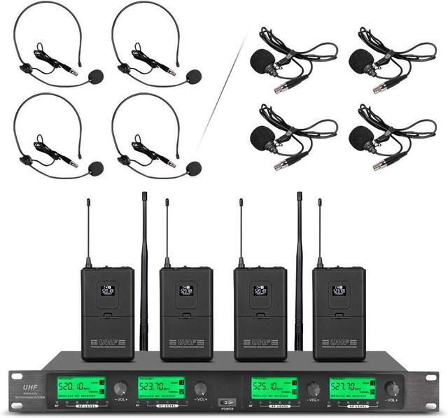 Main image of Wireless Microphone System Pro UHF 4 Channel 4 Lavalier Bodypacks 4 Lapel Mic 4 Headsets for Karaoke System Church Speaking Conference Wedding Party