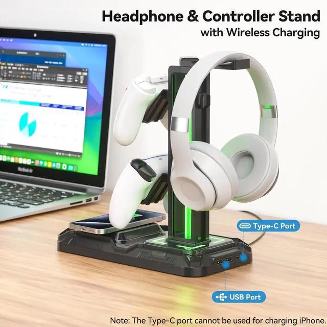 Alt view image 2 of 7 - Headphone & Controller Stand with Wireless Charging - Rotatable Headset Stand with 9 Light Modes - Controller Holder with 2 USB and Type C Ports - for Gamers Desktop Accessories