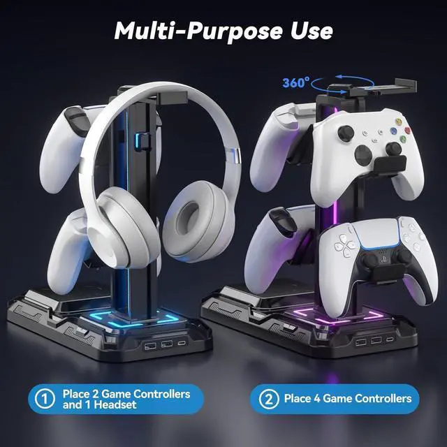 Alt view image 6 of 7 - Headphone & Controller Stand with Wireless Charging - Rotatable Headset Stand with 9 Light Modes - Controller Holder with 2 USB and Type C Ports - for Gamers Desktop Accessories