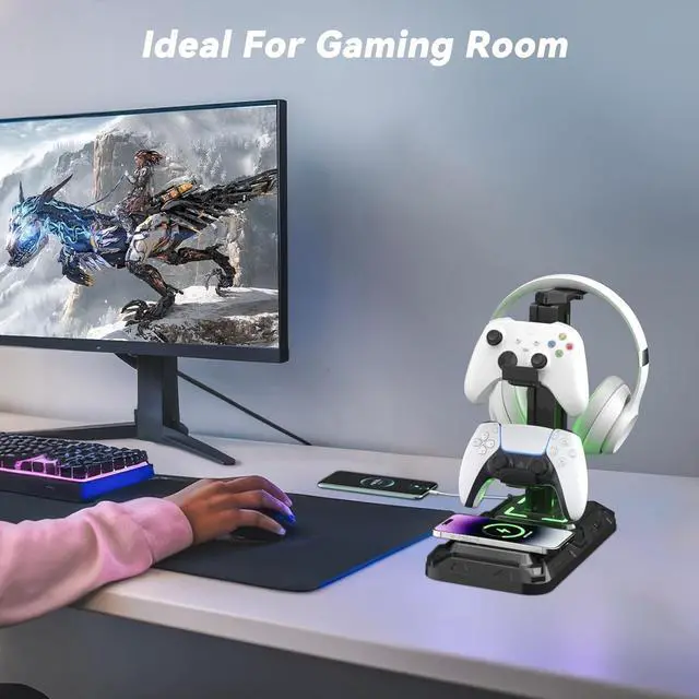 Alt view image 7 of 7 - Headphone & Controller Stand with Wireless Charging - Rotatable Headset Stand with 9 Light Modes - Controller Holder with 2 USB and Type C Ports - for Gamers Desktop Accessories