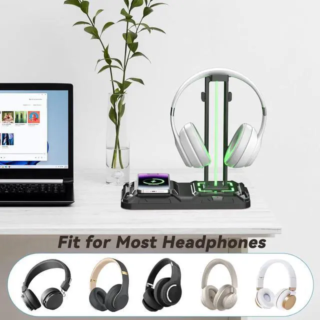 Alt view image 5 of 7 - Headphone & Controller Stand with Wireless Charging - Rotatable Headset Stand with 9 Light Modes - Controller Holder with 2 USB and Type C Ports - for Gamers Desktop Accessories