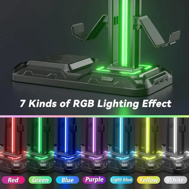 Alt view image 4 of 7 - Headphone & Controller Stand with Wireless Charging - Rotatable Headset Stand with 9 Light Modes - Controller Holder with 2 USB and Type C Ports - for Gamers Desktop Accessories
