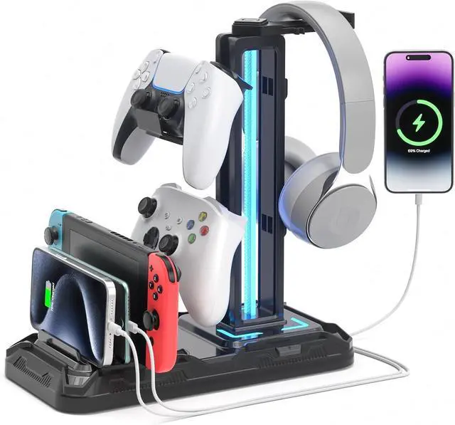 Main image of Headset Stand with Charging Station - Detachable Controller Holder with 9 Light Modes - Rotatable Headphone Hanger with USB A&C Charger Ports - Earphone Hook for PC Gaming Accessories Storage