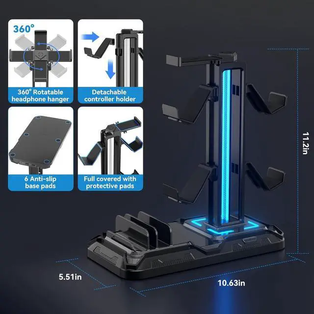 Alt view image 6 of 7 - Headset Stand with Charging Station - Detachable Controller Holder with 9 Light Modes - Rotatable Headphone Hanger with USB A&C Charger Ports - Earphone Hook for PC Gaming Accessories Storage