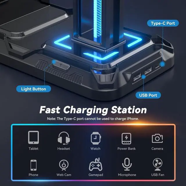 Alt view image 3 of 7 - Headset Stand with Charging Station - Detachable Controller Holder with 9 Light Modes - Rotatable Headphone Hanger with USB A&C Charger Ports - Earphone Hook for PC Gaming Accessories Storage