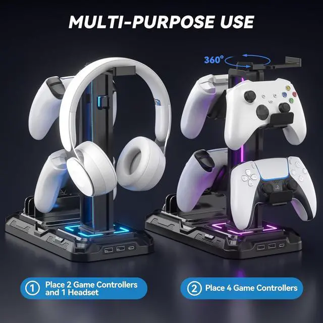 Alt view image 7 of 7 - Headset Stand with Charging Station - Detachable Controller Holder with 9 Light Modes - Rotatable Headphone Hanger with USB A&C Charger Ports - Earphone Hook for PC Gaming Accessories Storage