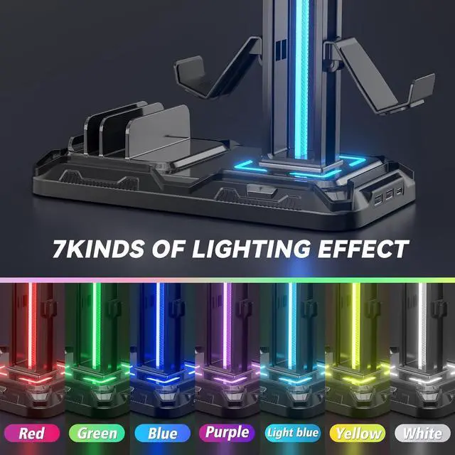 Alt view image 4 of 7 - Headset Stand with Charging Station - Detachable Controller Holder with 9 Light Modes - Rotatable Headphone Hanger with USB A&C Charger Ports - Earphone Hook for PC Gaming Accessories Storage