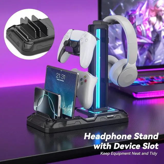 Alt view image 2 of 7 - Headset Stand with Charging Station - Detachable Controller Holder with 9 Light Modes - Rotatable Headphone Hanger with USB A&C Charger Ports - Earphone Hook for PC Gaming Accessories Storage