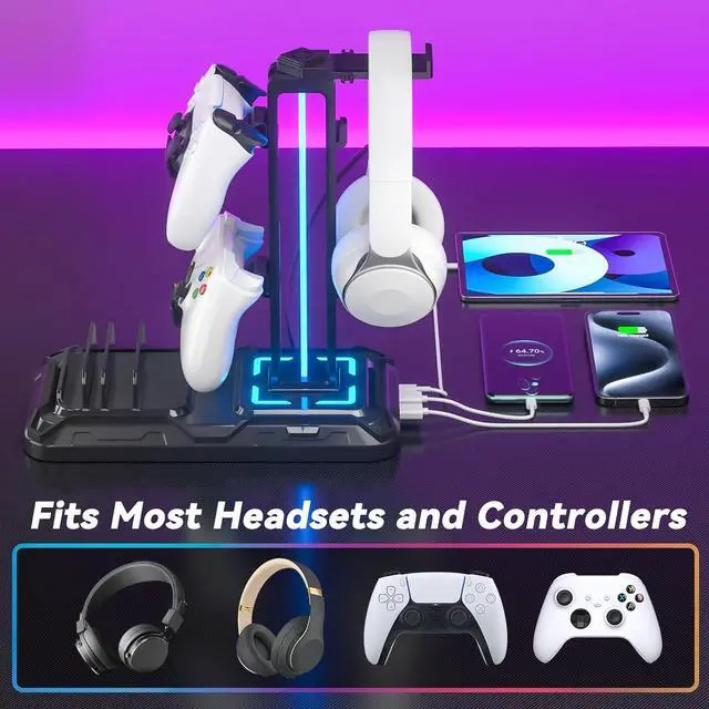Alt view image 5 of 7 - Headset Stand with Charging Station - Detachable Controller Holder with 9 Light Modes - Rotatable Headphone Hanger with USB A&C Charger Ports - Earphone Hook for PC Gaming Accessories Storage