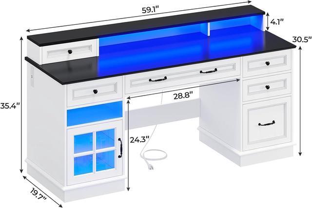Alt view image 2 of 6 - Executive Desk with File Drawer, Computer Desk with Monitor Stand, Home Office Desk with Drawers & Storage Cabinet, Writing Desk with Charging Station & LED Lights, White