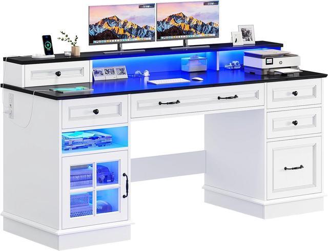 Main image of Executive Desk with File Drawer, Computer Desk with Monitor Stand, Home Office Desk with Drawers & Storage Cabinet, Writing Desk with Charging Station & LED Lights, White