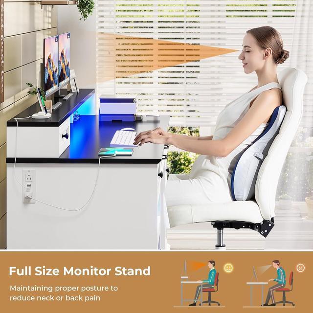 Alt view image 5 of 6 - Executive Desk with File Drawer, Computer Desk with Monitor Stand, Home Office Desk with Drawers & Storage Cabinet, Writing Desk with Charging Station & LED Lights, White