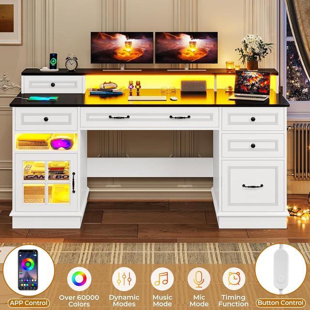 Alt view image 4 of 6 - Executive Desk with File Drawer, Computer Desk with Monitor Stand, Home Office Desk with Drawers & Storage Cabinet, Writing Desk with Charging Station & LED Lights, White