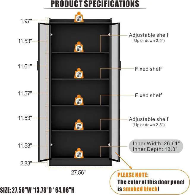 Alt view image 2 of 7 - Display Cabinet with Doors and Adjustable Shelves, 65" Tall Bookcase with LED Lights/Human Sensor, 5 Tier Display Case for Collectibles Bedroom Living Room Office, Black - Smoked Black Door