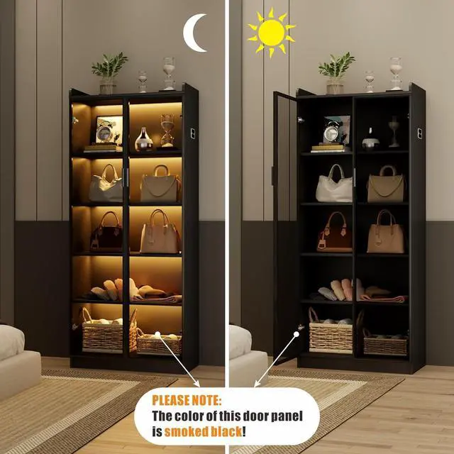 Alt view image 7 of 7 - Display Cabinet with Doors and Adjustable Shelves, 65" Tall Bookcase with LED Lights/Human Sensor, 5 Tier Display Case for Collectibles Bedroom Living Room Office, Black - Smoked Black Door