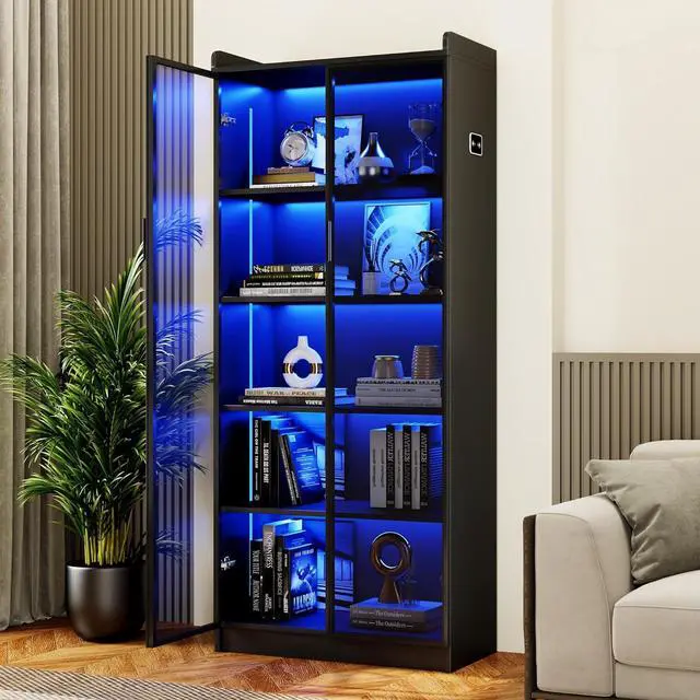 Main image of Display Cabinet with Doors and Adjustable Shelves, 65" Tall Bookcase with LED Lights/Human Sensor, 5 Tier Display Case for Collectibles Bedroom Living Room Office, Black - Smoked Black Door