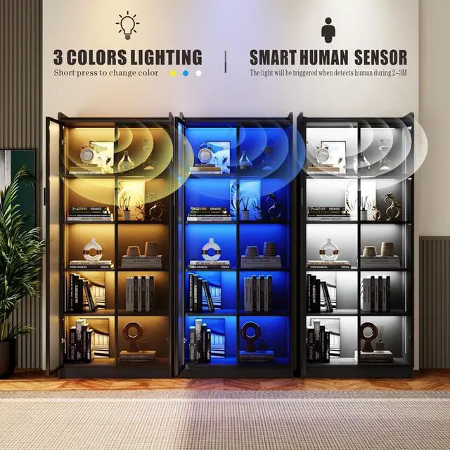 Alt view image 3 of 7 - Display Cabinet with Doors and Adjustable Shelves, 65" Tall Bookcase with LED Lights/Human Sensor, 5 Tier Display Case for Collectibles Bedroom Living Room Office, Black - Smoked Black Door