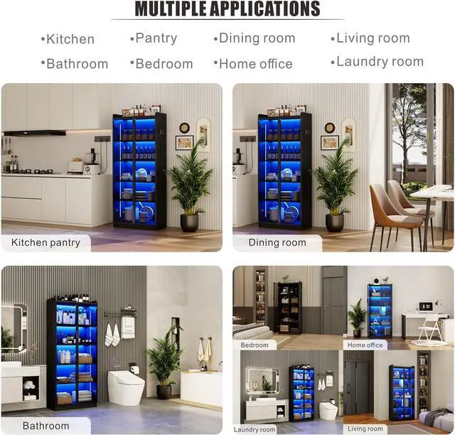 Alt view image 6 of 7 - Display Cabinet with Doors and Adjustable Shelves, 65" Tall Bookcase with LED Lights/Human Sensor, 5 Tier Display Case for Collectibles Bedroom Living Room Office, Black - Smoked Black Door