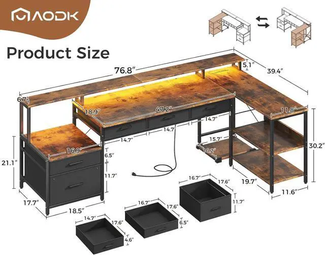 Alt view image 2 of 7 - 75" L Shaped Desk with 5 File Drawers, 75" Reversible L Shaped Computer Desk with Power Outlet & LED Strip, Office Desk with Storage Shelves, Gaming Desk with Monitor Shelf, Corner Desk, Rustic Brown