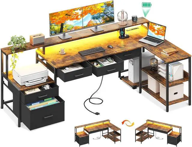 Main image of 75" L Shaped Desk with 5 File Drawers, 75" Reversible L Shaped Computer Desk with Power Outlet & LED Strip, Office Desk with Storage Shelves, Gaming Desk with Monitor Shelf, Corner Desk, Rustic Brown