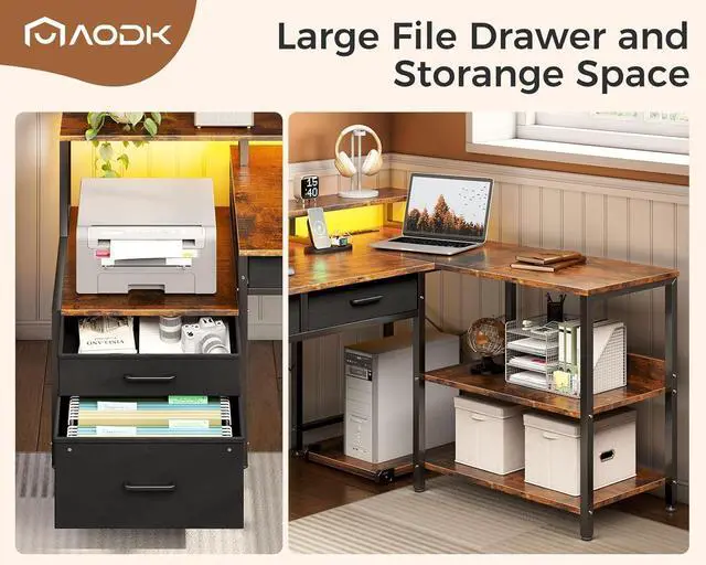 Alt view image 5 of 7 - 75" L Shaped Desk with 5 File Drawers, 75" Reversible L Shaped Computer Desk with Power Outlet & LED Strip, Office Desk with Storage Shelves, Gaming Desk with Monitor Shelf, Corner Desk, Rustic Brown