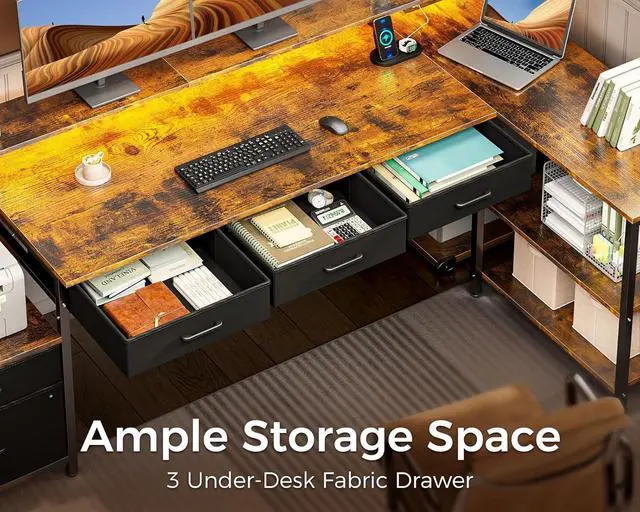 Alt view image 3 of 7 - 75" L Shaped Desk with 5 File Drawers, 75" Reversible L Shaped Computer Desk with Power Outlet & LED Strip, Office Desk with Storage Shelves, Gaming Desk with Monitor Shelf, Corner Desk, Rustic Brown
