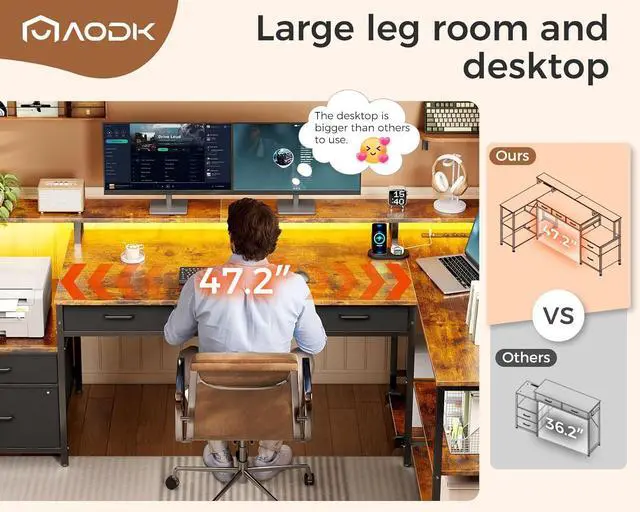 Alt view image 7 of 7 - 75" L Shaped Desk with 5 File Drawers, 75" Reversible L Shaped Computer Desk with Power Outlet & LED Strip, Office Desk with Storage Shelves, Gaming Desk with Monitor Shelf, Corner Desk, Rustic Brown