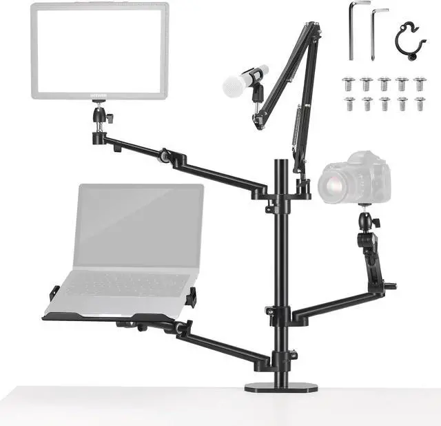 Main image of Overhead Camera Stand Desk Mount Rig with 4 Boom Arms for Photography Video Light Ring Light Phone Mount Webcam Mic Compact DSLR for Live Streaming Broadcast Online Teaching Meeting